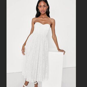 Exquisite Aura White Lace Strapless Bustier Midi Dress